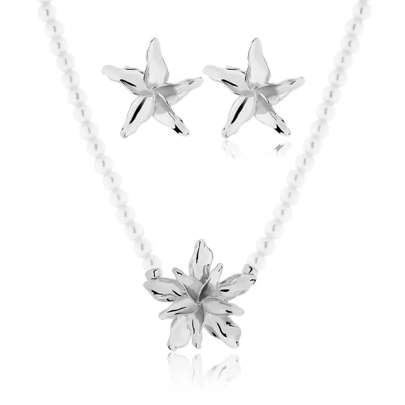 Juego de Aretes y Collar de Perlas Estrella de Mar - Plata