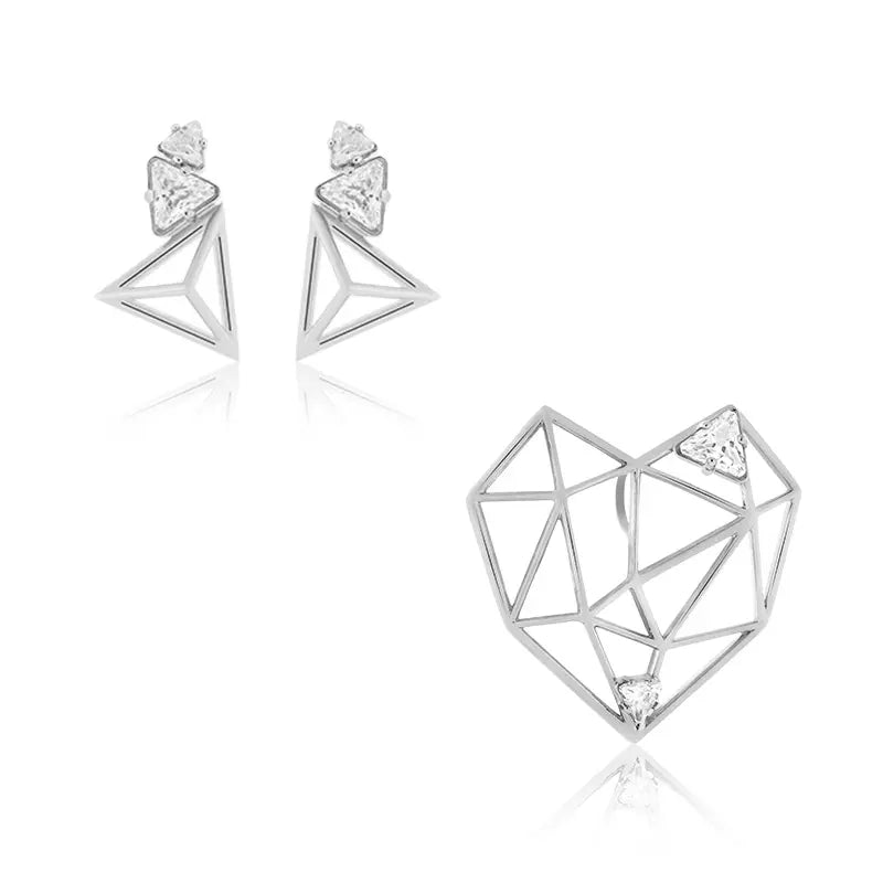 Juego - Aretes Geométricos con Circonitas y Colgante Corazón Origami - Plata